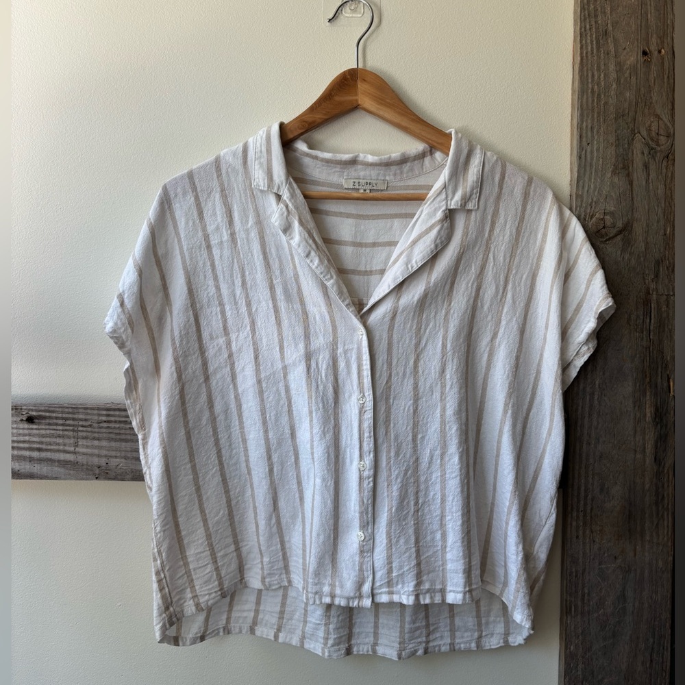 tan and white striped cropped button down